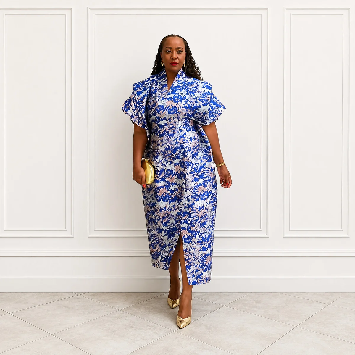 Blue White Floral Kimono Dress, Kimono