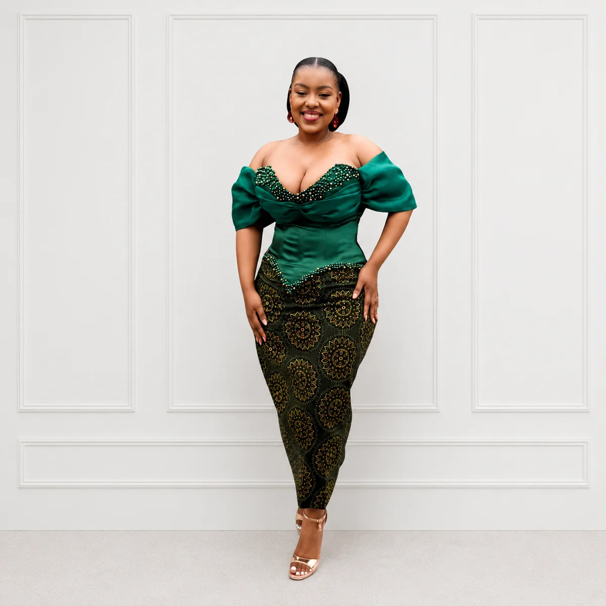 Emerald Beaded Ankara Gown, Traditional Wear