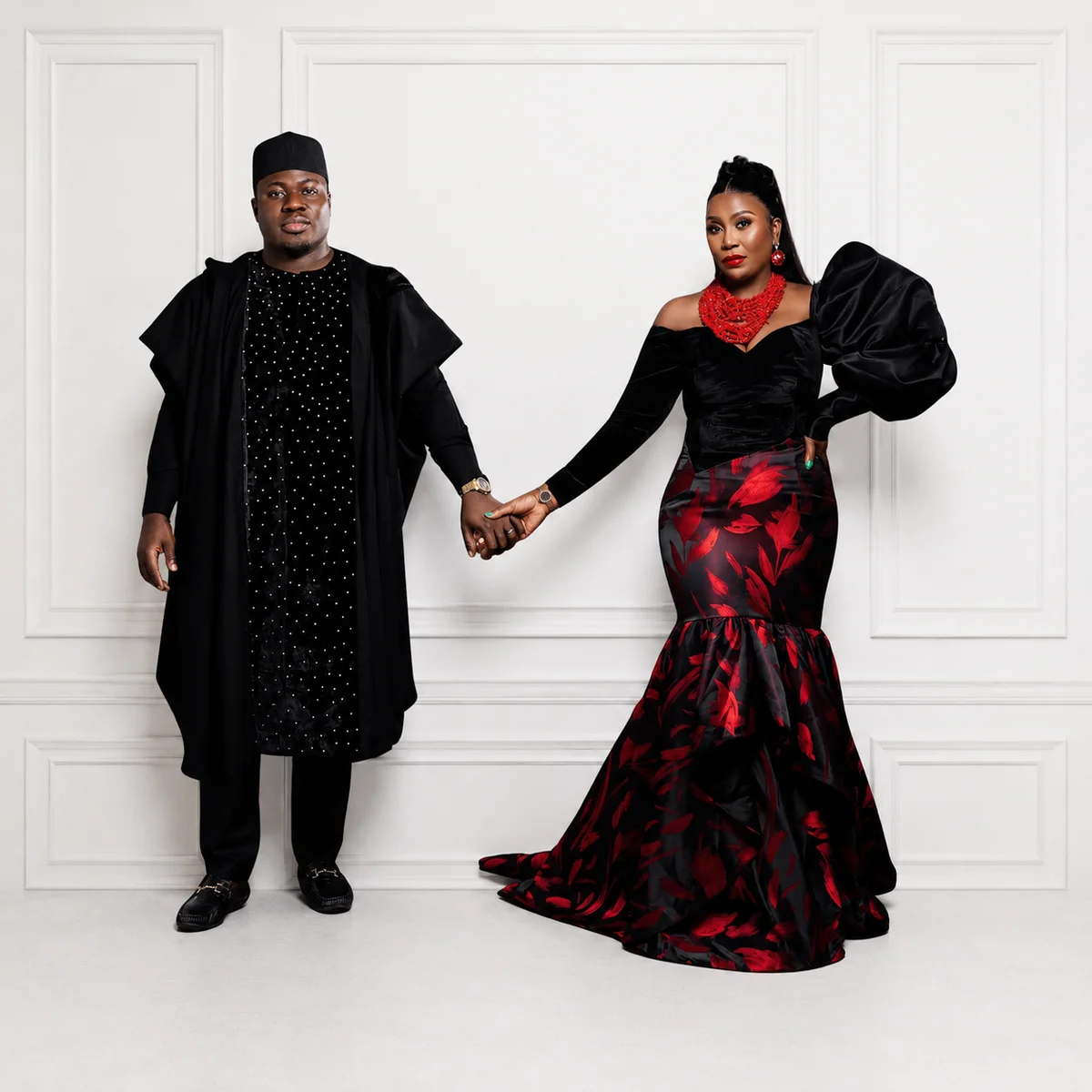 Black Red Floral Couple Set, Traditional Wear