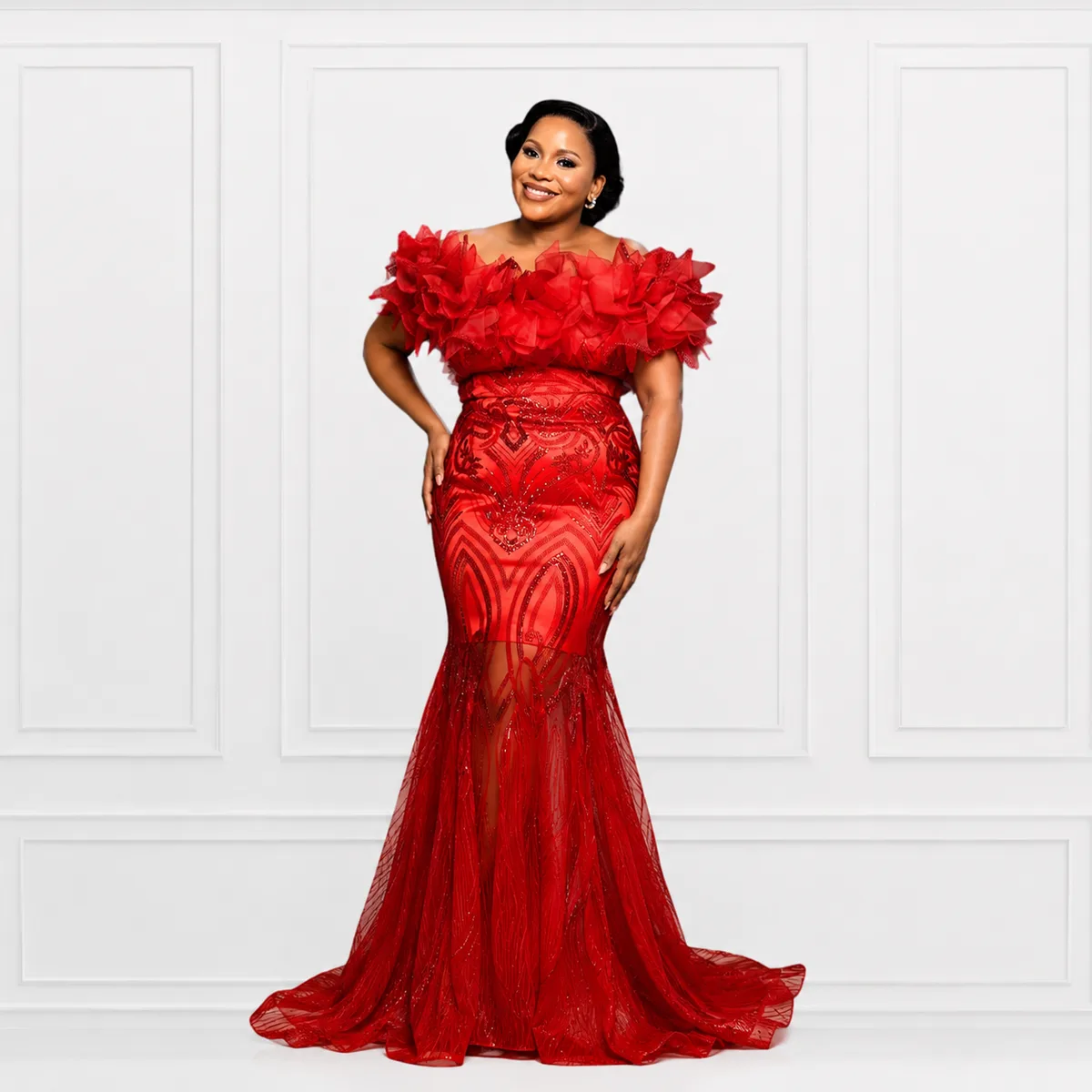 Crimson Ruffle Mermaid Gown, Occasionwear