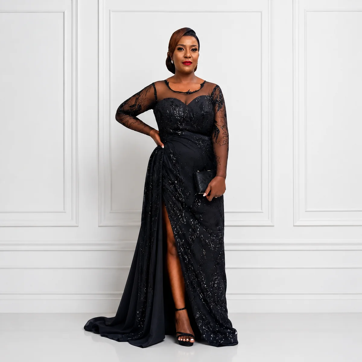 Noir Draped Slit Gown, Occasionwear