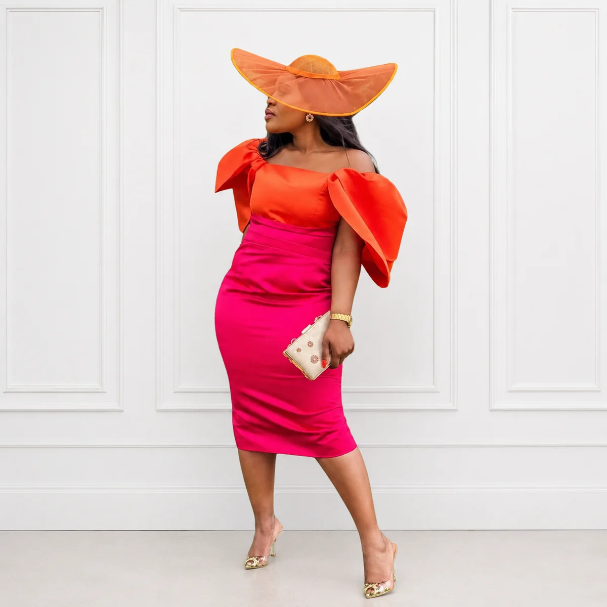 Orange Pink Colourblock Midi Dress, Occasionwear