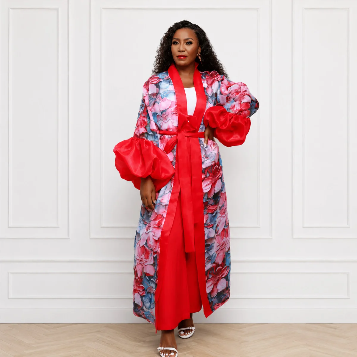 Scarlet Floral Puff-Sleeve Kimono Robe, Kimono